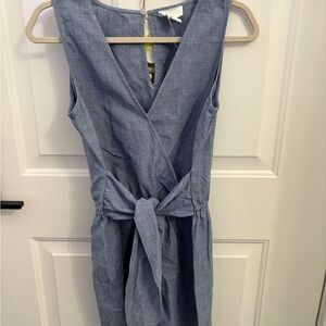 Loft short jumpsuit in light denim blue color.